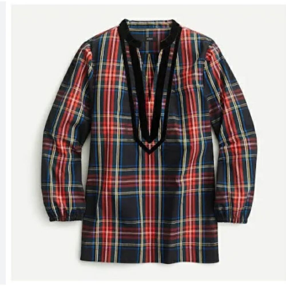 J Crew Red Plaid Tartan Velvet Trim Tunic Top